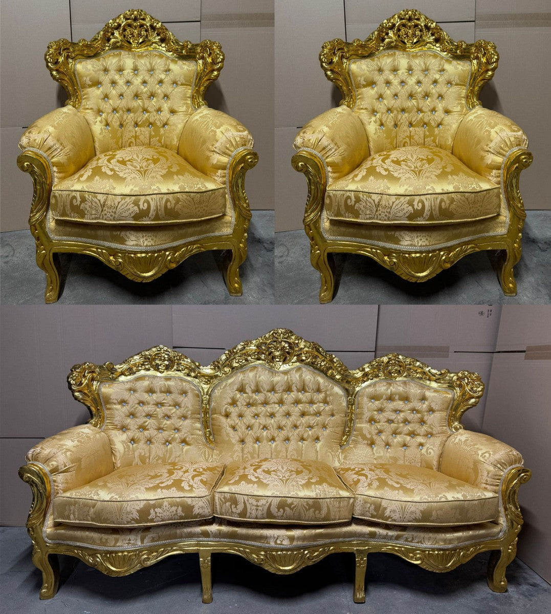 Barock Wohnzimmer Set Gold - 1 Sofa & 2 Sessel - Barock Möbel
