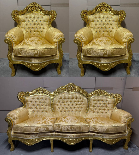 Barock Wohnzimmer Set Gold - 1 Sofa & 2 Sessel - Barock Möbel
