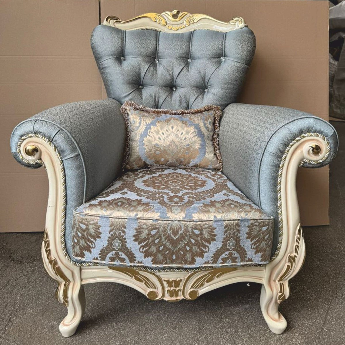 Barock Wohnzimmer Sessel Hellblau / Creme / Gold - Barock Möbel