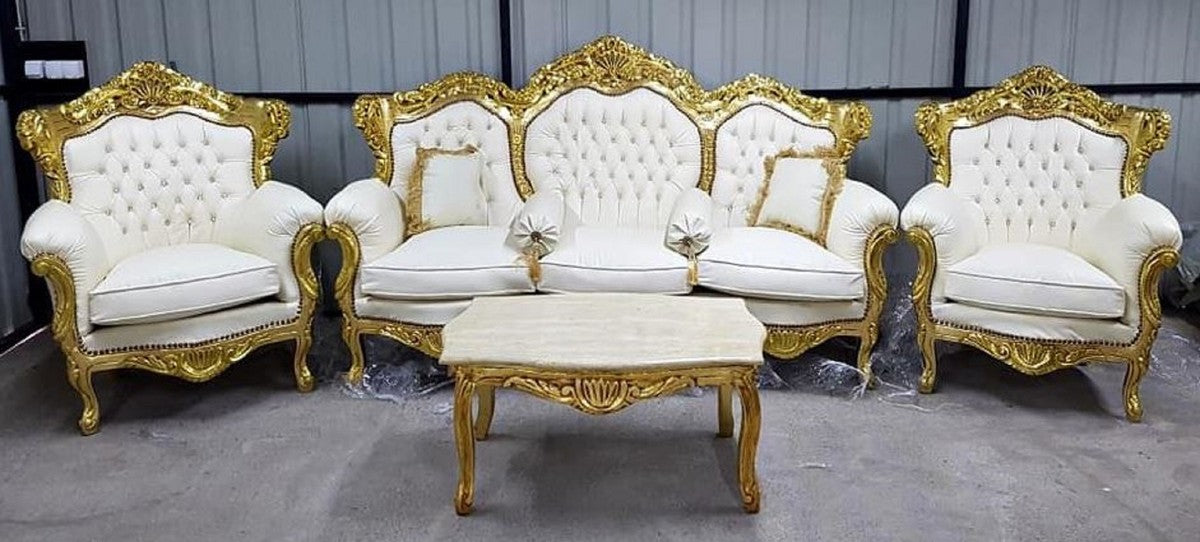 Barock Wohnzimmer Set Weiß / Gold - 1 Barock Kunstleder Sofa & 2 Barock Kunstleder Sessel - Wohnzimmer Möbel im Barockstil - Barock Möbel - Barock Wohnzimmer Einrichtung