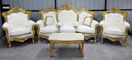 Barock Wohnzimmer Set Weiß / Gold - 1 Barock Kunstleder Sofa & 2 Barock Kunstleder Sessel - Wohnzimmer Möbel im Barockstil - Barock Möbel - Barock Wohnzimmer Einrichtung