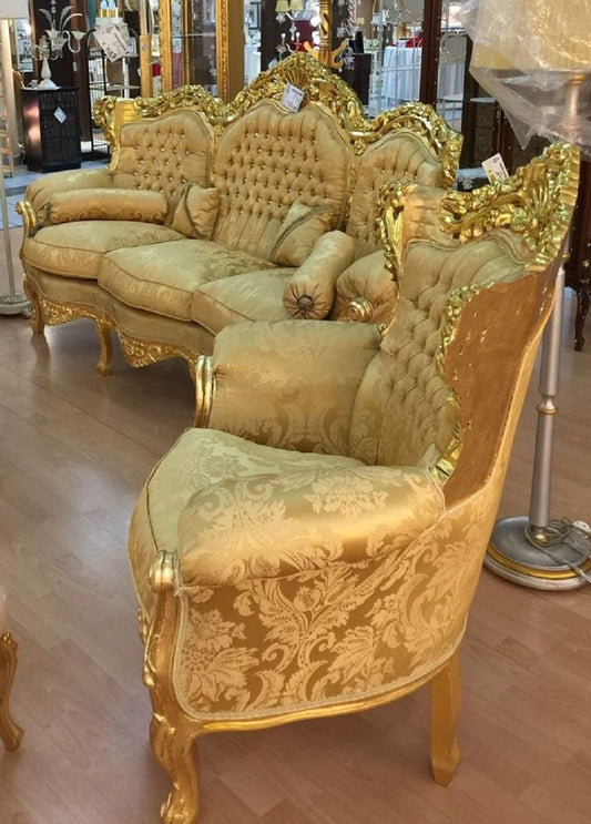 Barock Wohnzimmer Set Gold Muster / Gold - 1 Barock Sofa & 2 Barock Sessel - Wohnzimmer Möbel im Barockstil - Barock Möbel - Barock Wohnzimmer Einrichtung