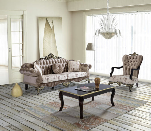 Barock Wohnzimmer Set Braun / Beige / Schwarz / Gold - 2 Sofas & 2 Sessel & 1 Couchtisch - Barock Wohnzimmer Möbel
