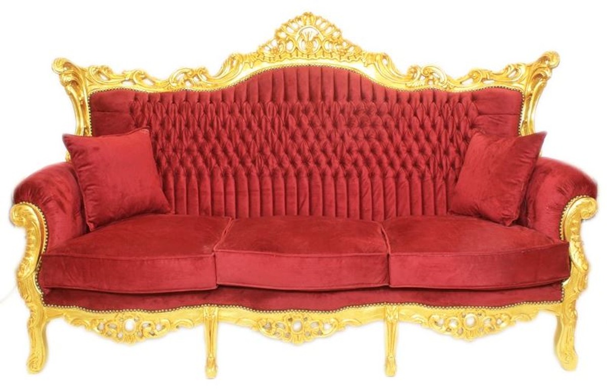 Barock Wohnzimmer Set Bordeaux Samtstoff / Gold - 3er Sofa + 2 Sessel