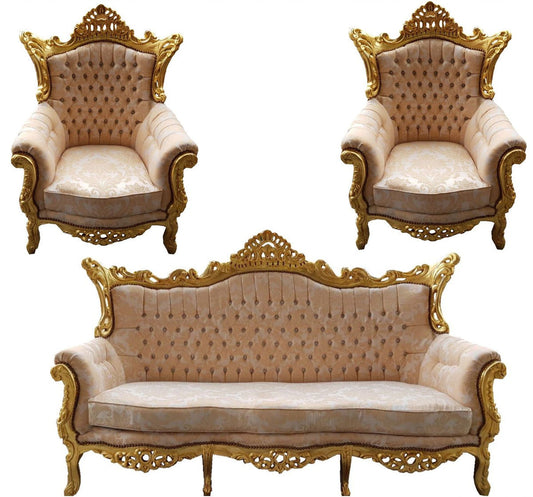 Barock Wohnzimmer Set Master Creme Muster / Gold mit Bling Bling Glitzersteinen - 3er Sofa + 2 Sessel - Limited Edition!