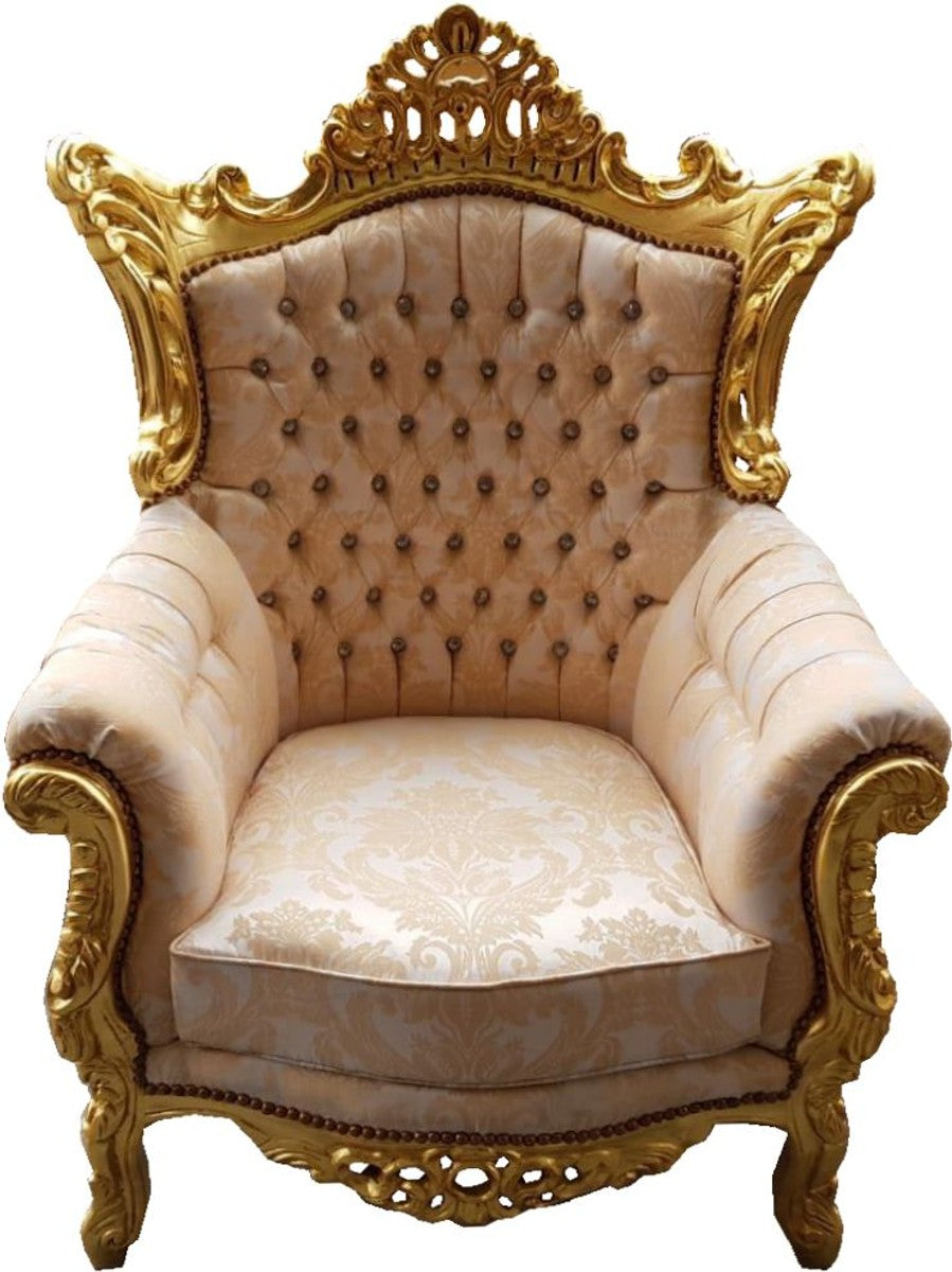 Barock Wohnzimmer Set Master Creme Muster / Gold mit Bling Bling Glitzersteinen - 3er Sofa + 2 Sessel - Limited Edition!