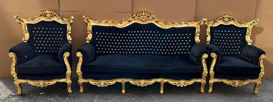 Barock Wohnzimmer Set Schwarz / Gold - 1 Barock Sofa & 2 Barock Sessel - Barock Möbel - Barock Wohnzimmer Einrichtung - Wohnzimmer Möbel im Barockstil