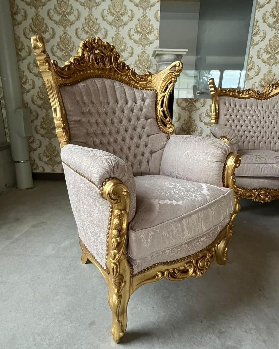 Barock Wohnzimmer Set Grau Muster / Gold - 1 Barock Sofa & 2 Barock Sessel - Wohnzimmer Möbel im Barockstil - Barock Möbel - Barock Wohnzimmer Einrichtung