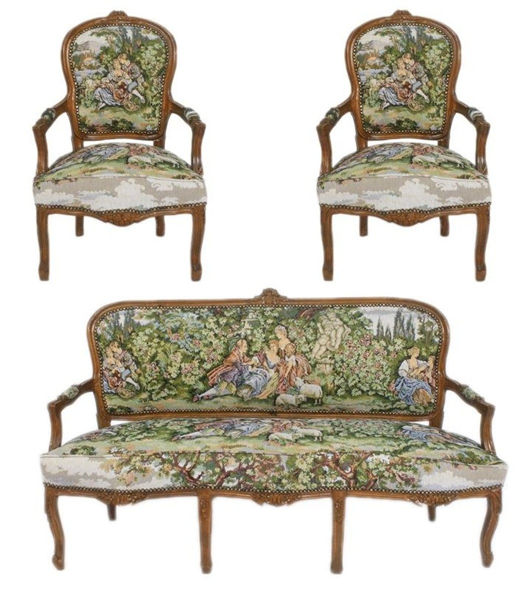 Barock Sitzbank Set Gobelin / Braun - 1 Sofa + 2 Sessel