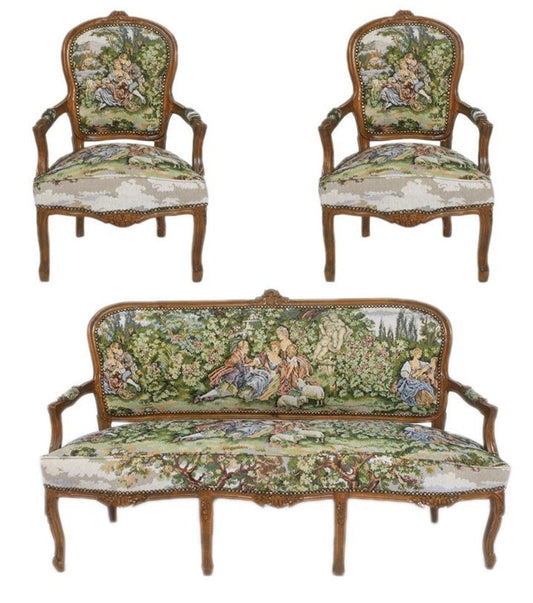 Barock Sitzbank Set Gobelin / Braun - 1 Sofa + 2 Sessel