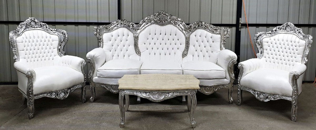 Barock Wohnzimmer Set Weiß / Silber - 1 Barock Kunstleder Sofa & 2 Barock Kunstleder Sessel - Wohnzimmer Möbel im Barockstil - Barock Möbel - Barock Wohnzimmer Einrichtung