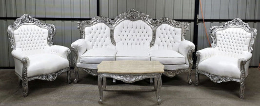 Barock Wohnzimmer Set Weiß / Silber - 1 Barock Kunstleder Sofa & 2 Barock Kunstleder Sessel - Wohnzimmer Möbel im Barockstil - Barock Möbel - Barock Wohnzimmer Einrichtung