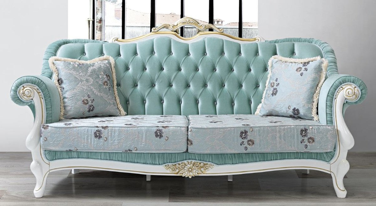 Barock Wohnzimmer Sofa mit Glitzersteinen und Blumenmuster Hellgrün / Hellblau / Weiß / Gold 215 x 80 x H. 120 cm - Barock Möbel