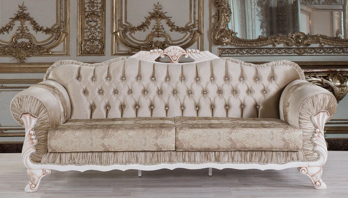 Barock Sofa Braun / Weiß / Beige 230 x 84 x H. 100 cm - Prunkvolles Wohnzimmer Sofa mit Glitzersteinen - Barockstil Möbel