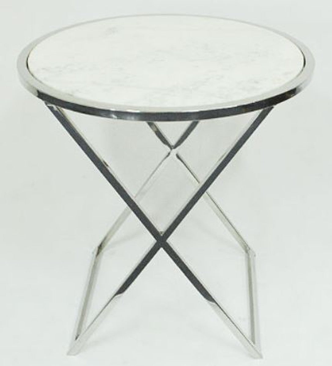 Beistelltisch Silber / Weiß Ø 61 x H. 61 cm - Wohnzimmer Beistelltisch mit weißer Marmorplatte