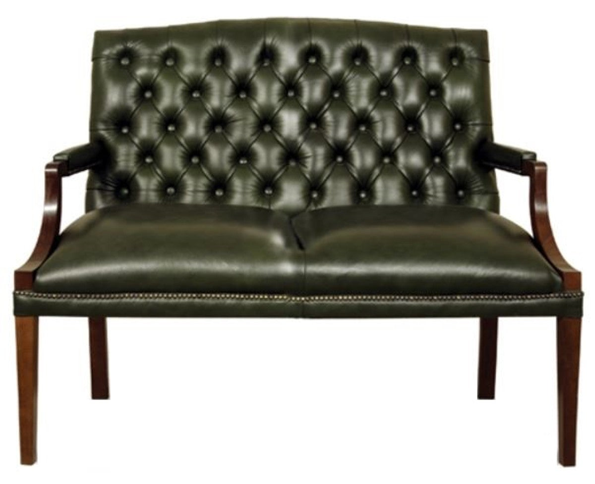 Chesterfield 2er Sitzbank mit Armlehnen Dunkelgrün / Dunkelbraun 120 x 60 x H. 100 cm - Echtleder Möbel