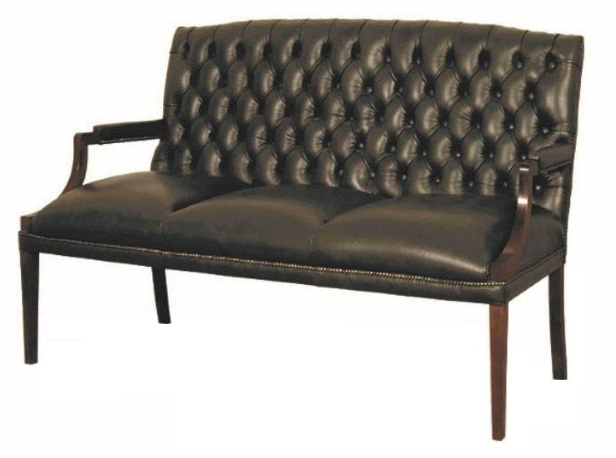 Chesterfield Echtleder 3er Sitzbank mit Armlehnen Schwarz / Dunkelbraun 180 x 60 x H. 100 cm - Luxus Möbel