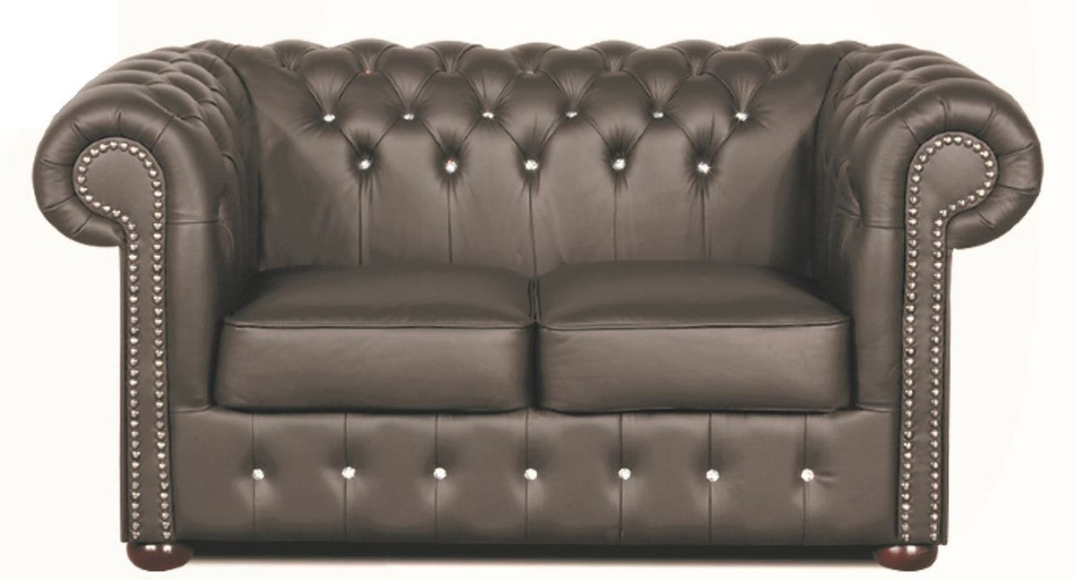 Chesterfield Echtleder 2er Sofa in dunkelgrau mit Swarovski Kristallsteinen 160 x 90 x H. 78 cm - Luxus Kollektion