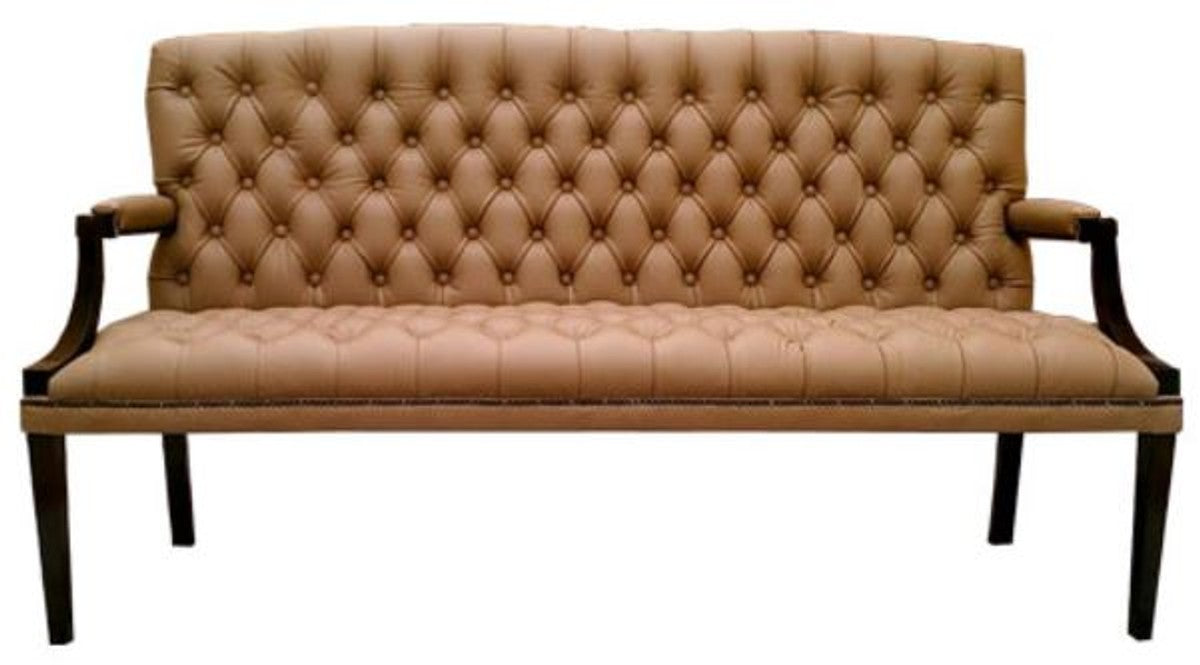 Chesterfield Echtleder 3er Sitzbank mit Armlehnen Hellbraun / Schwarz 180 x 60 x H. 100 cm - Luxus Möbel