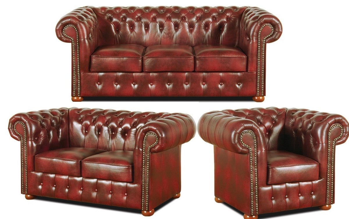 Chesterfield Wohnzimmer 3er Set Weinrot - Luxus Echtleder Möbel