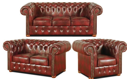 Chesterfield Wohnzimmer 3er Set Weinrot - Luxus Echtleder Möbel