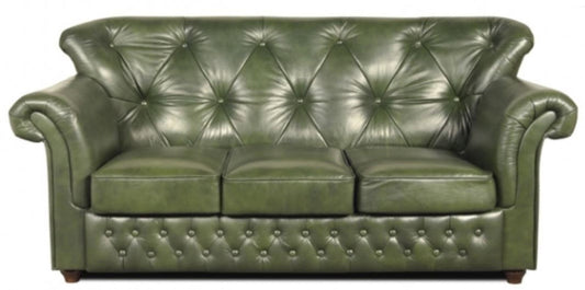 Chesterfield Echtleder 3er Sofa in grün mit dunkelbraunen Füßen 200 x 80 x H. 85 cm - Luxus Qualität