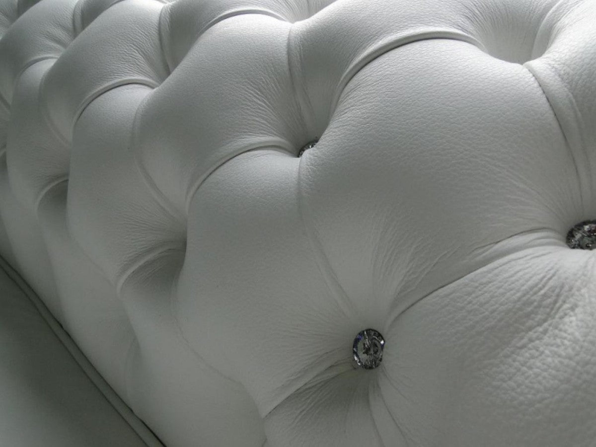Chesterfield Echtleder 3er Sofa in weiß mit Glitzersteinen 200 x 90 x H. 78 cm - Luxus Möbel