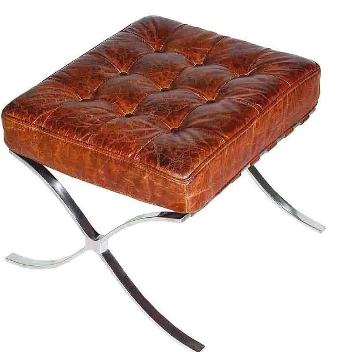 Echtleder Fußhocker Vintage Braun / Silber 56 x 53 x H. 43 cm - Handgefertigte Chesterfield Möbel