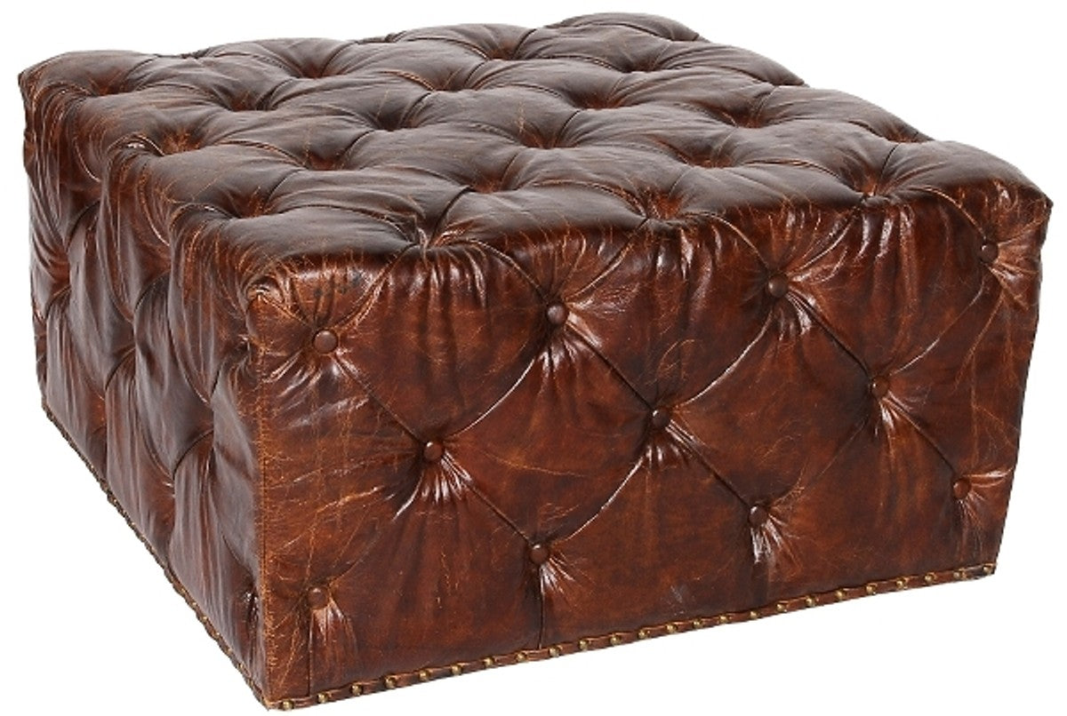 Chesterfield Echtleder Fußhocker Dunkelbraun 80 x 80 x H. 42 cm - Luxus Qualität