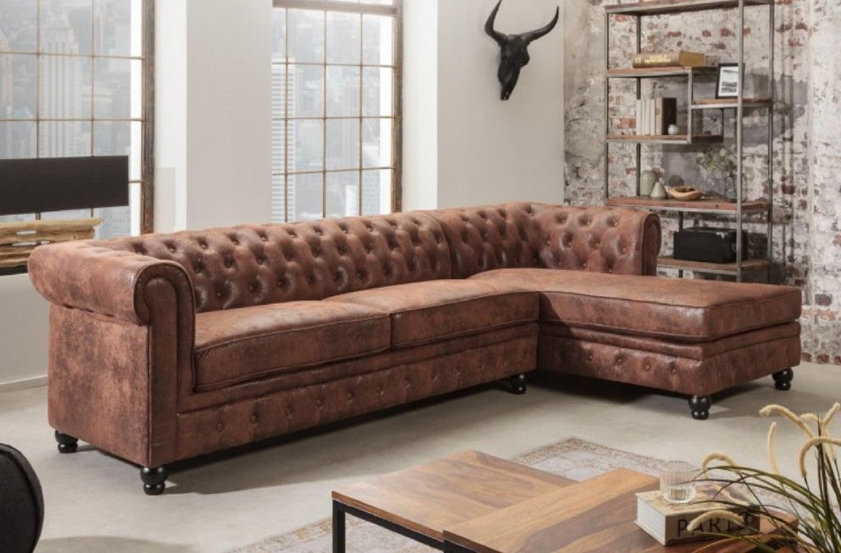 Chesterfield Ecksofa Rechts Antik Braun - Microfaser Wohnzimmer Sofa - Chesterfield Wohnzimmer Möbel