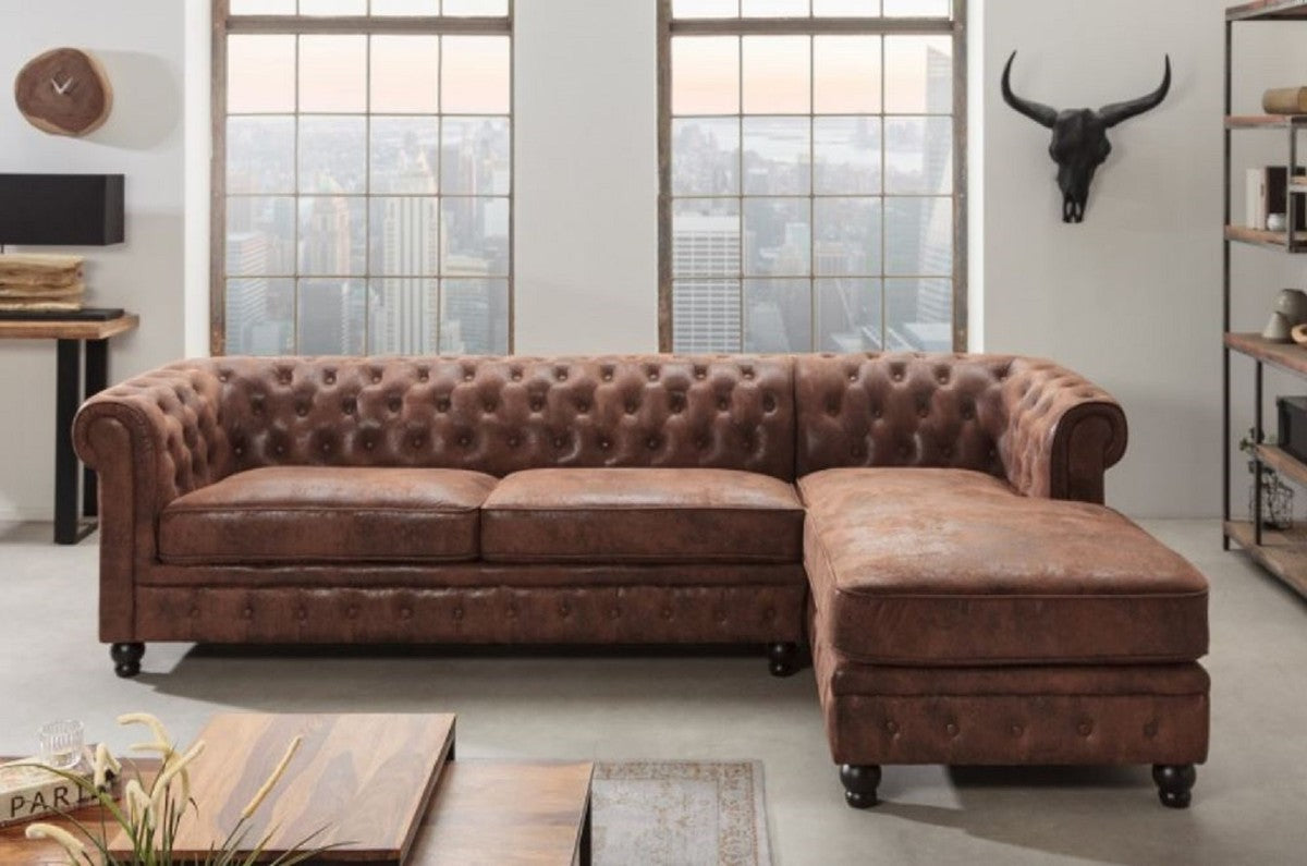 Chesterfield Ecksofa Rechts Antik Braun - Microfaser Wohnzimmer Sofa - Chesterfield Wohnzimmer Möbel