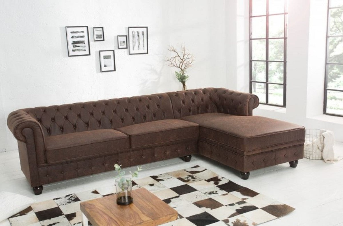 Chesterfield Ecksofa Vintage Braun 280 x 165 x H. 73 cm - Kunstleder Wohnzimmer Sofa - Chesterfield Möbel