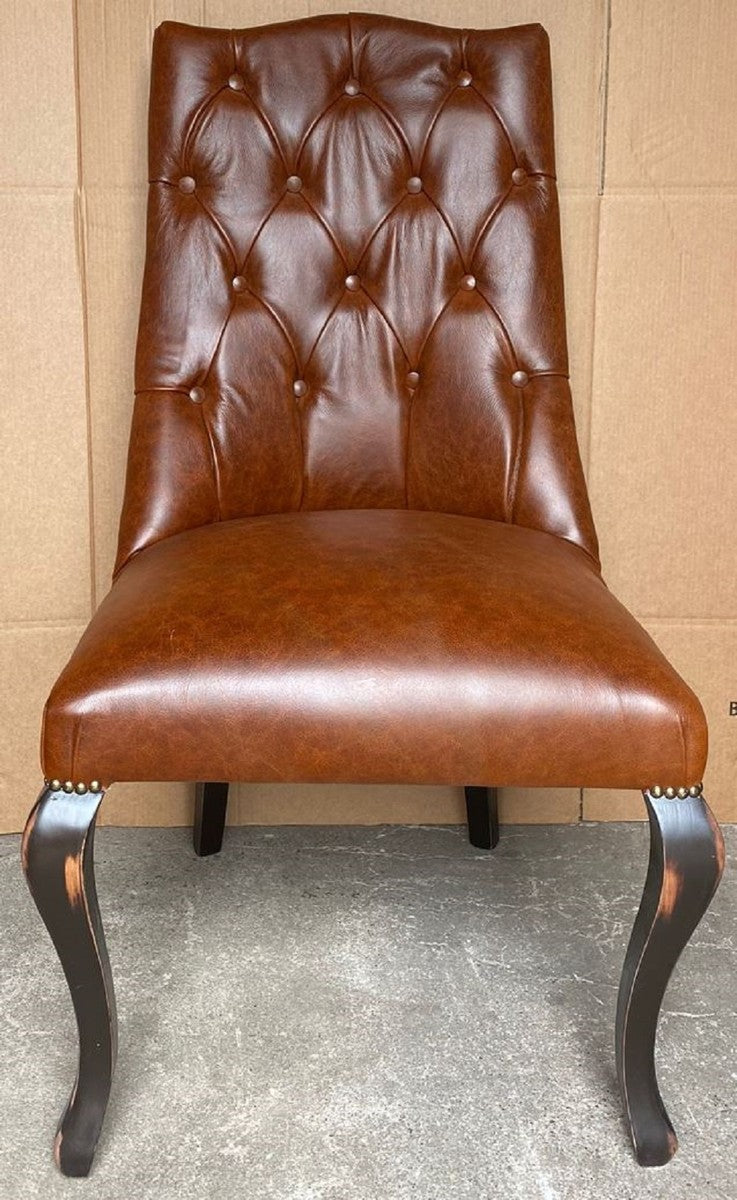 Chesterfield Leder Esszimmerstuhl Braun / Antik Schwarz - Echtleder Stuhl - Chesterfield Leder Esszimmer Möbel