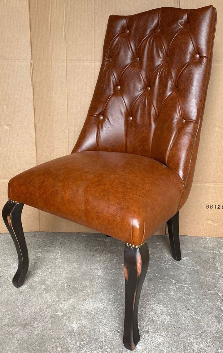 Chesterfield Leder Esszimmerstuhl Braun / Antik Schwarz - Echtleder Stuhl - Chesterfield Leder Esszimmer Möbel
