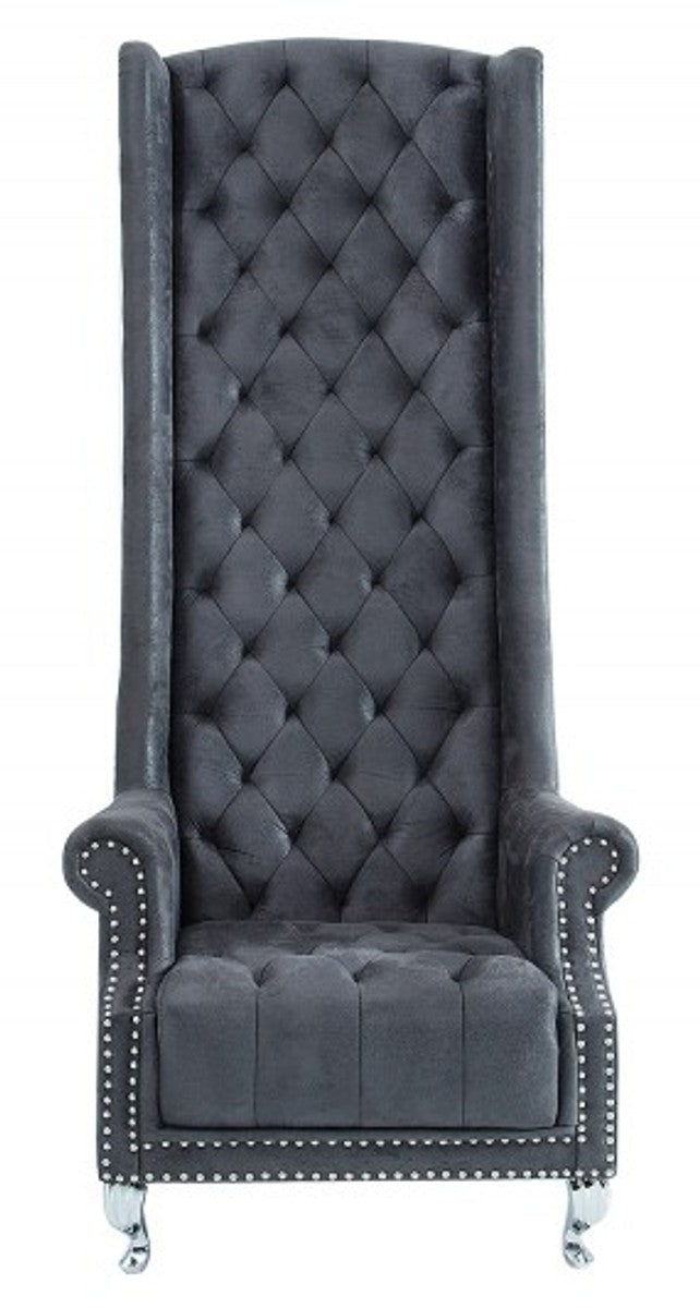 Chesterfield High Back Sessel Grau - Thron König Hochlehn Sessel - Modern Barock Hochlehner