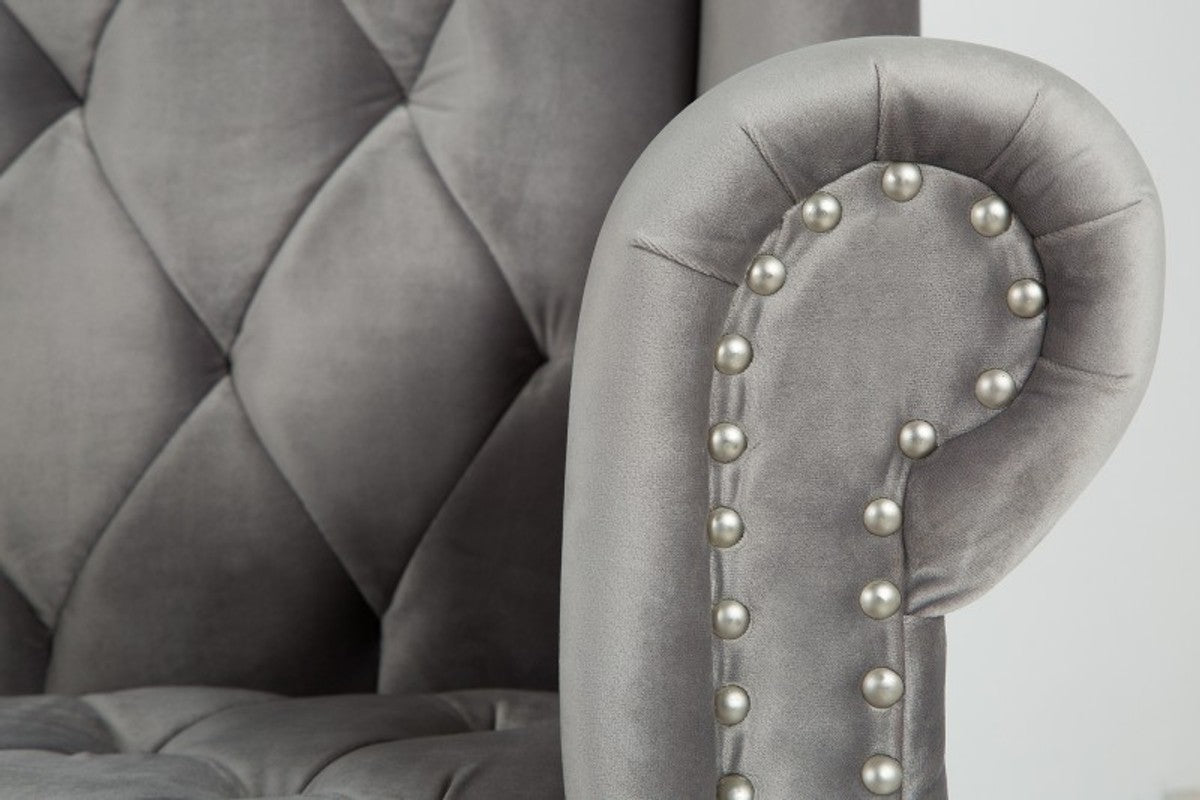Chesterfield High Back Sessel Silbergrau - Thron König Hochlehn Sessel - Modern Barock Hochlehner