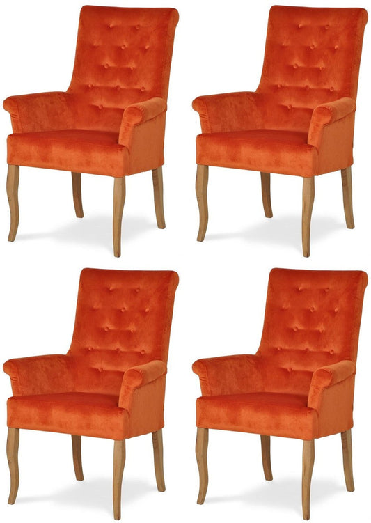Chesterfield Neo Barock Esszimmer Stuhl 4er Set Orange / Naturfarben - Küchenstühle mit Armlehnen - Esszimmer Möbel - Chesterfield Möbel - Neo Barock Möbel