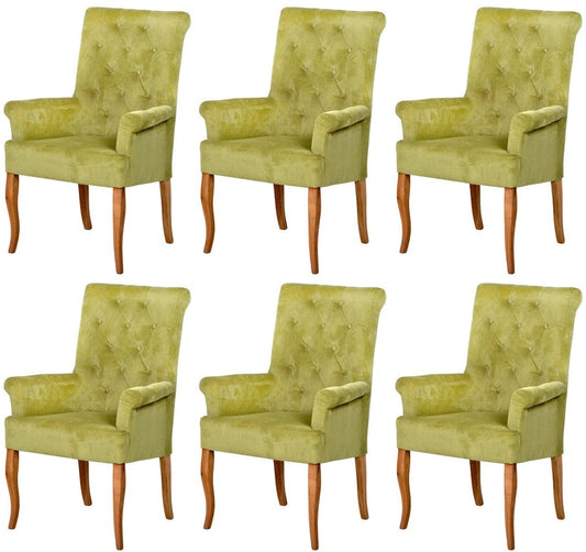 Chesterfield Neo Barock Esszimmer Stuhl 6er Set Grün / Naturfarben - Küchenstühle mit Armlehnen - Esszimmer Möbel - Chesterfield Möbel - Neo Barock Möbel