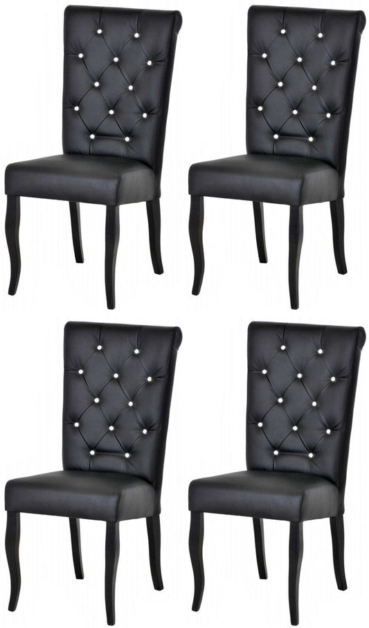 Chesterfield Neo Barock Esszimmer Stuhl 4er Set Schwarz / Schwarz - Kunstleder Küchenstühle mit Glitzersteinen - Esszimmer Möbel - Chesterfield Möbel - Neo Barock Möbel