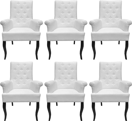 Chesterfield Neo Barock Esszimmerstuhl 6er Set Weiß / Schwarz - Kunstleder Stühle mit Armlehnen - Barock Möbel
