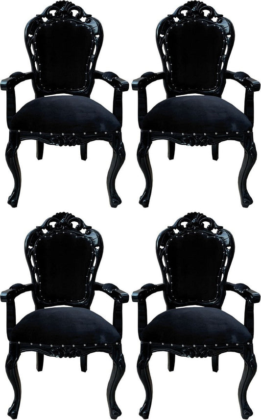 Barock Esszimmerstuhl 4er Set Schwarz - Handgefertigte Antik Stil Stühle mit Armlehnen - Barock Esszimmer Möbel