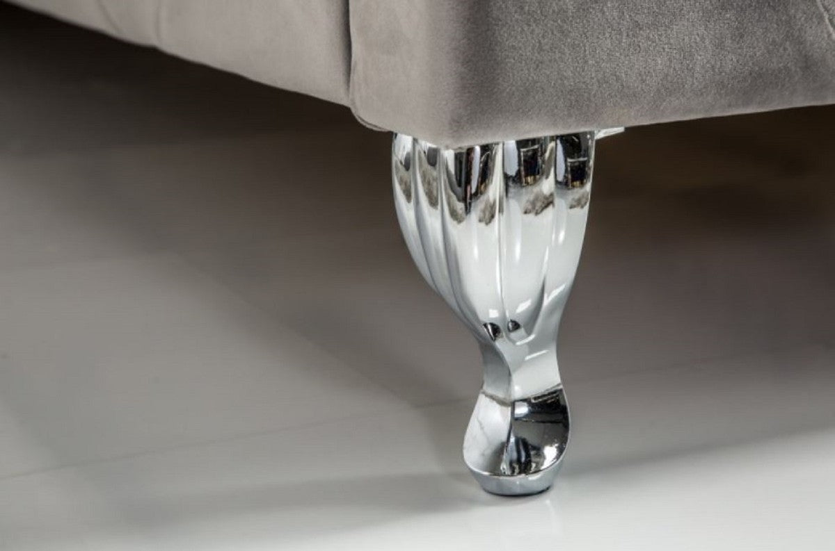 Chesterfield Samt Doppelbett Silbergrau / Silber 190 x 215 x H. 130 cm - Massivholz Bett mit Kopfteil - Chesterfield Schlafzimmer Möbel