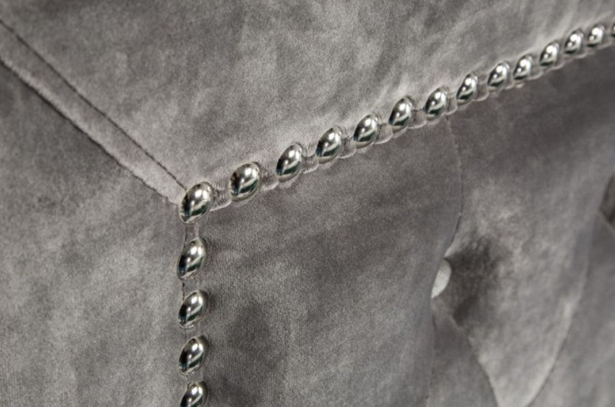 Chesterfield Samt Doppelbett Silbergrau / Silber 190 x 215 x H. 130 cm - Massivholz Bett mit Kopfteil - Chesterfield Schlafzimmer Möbel