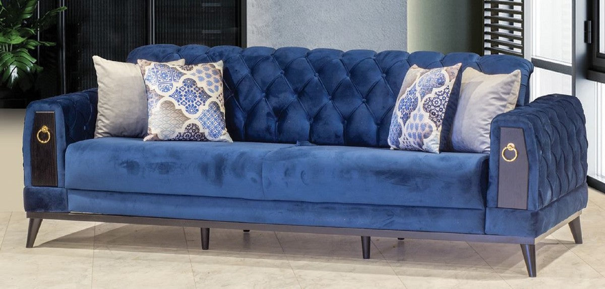 Chesterfield Schlafsofa Blau / Schwarz / Gold 222 x 90 x H. 80 cm - Modernes Wohnzimmer Sofa - Chesterfield Möbel - Wohnzimmer Möbel