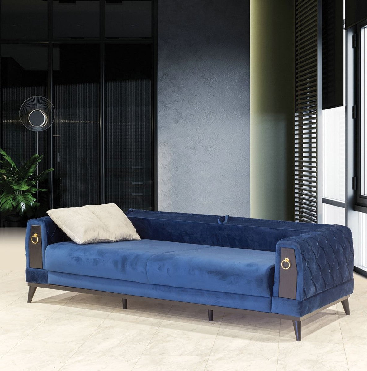 Chesterfield Schlafsofa Blau / Schwarz / Gold 222 x 90 x H. 80 cm - Modernes Wohnzimmer Sofa - Chesterfield Möbel - Wohnzimmer Möbel