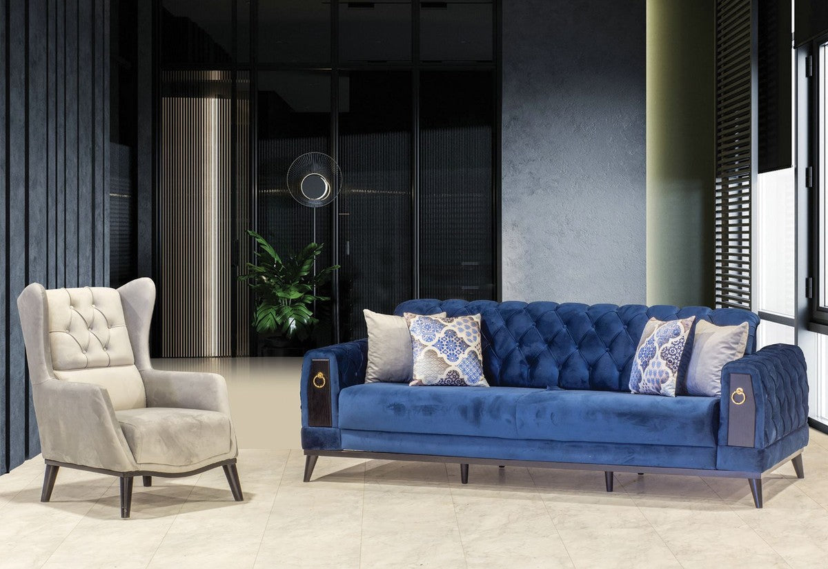 Chesterfield Schlafsofa Blau / Schwarz / Gold 222 x 90 x H. 80 cm - Modernes Wohnzimmer Sofa - Chesterfield Möbel - Wohnzimmer Möbel