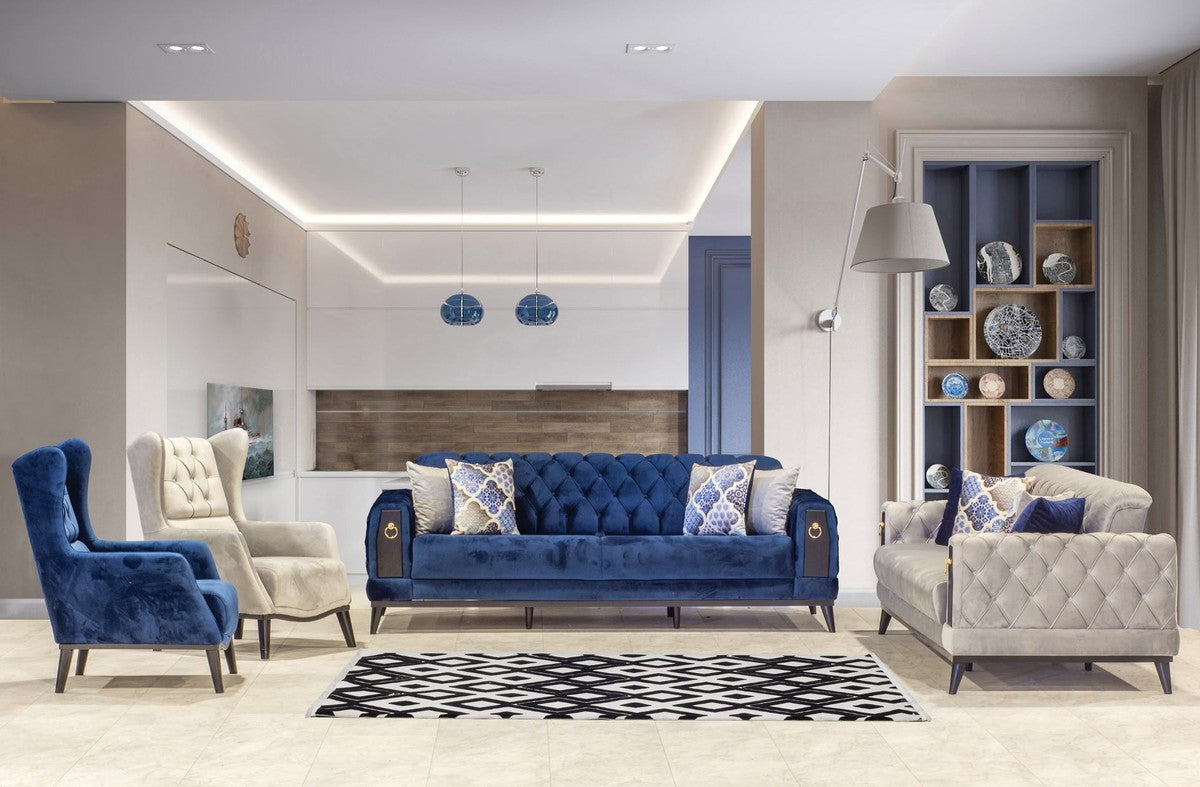 Chesterfield Schlafsofa Blau / Schwarz / Gold 222 x 90 x H. 80 cm - Modernes Wohnzimmer Sofa - Chesterfield Möbel - Wohnzimmer Möbel