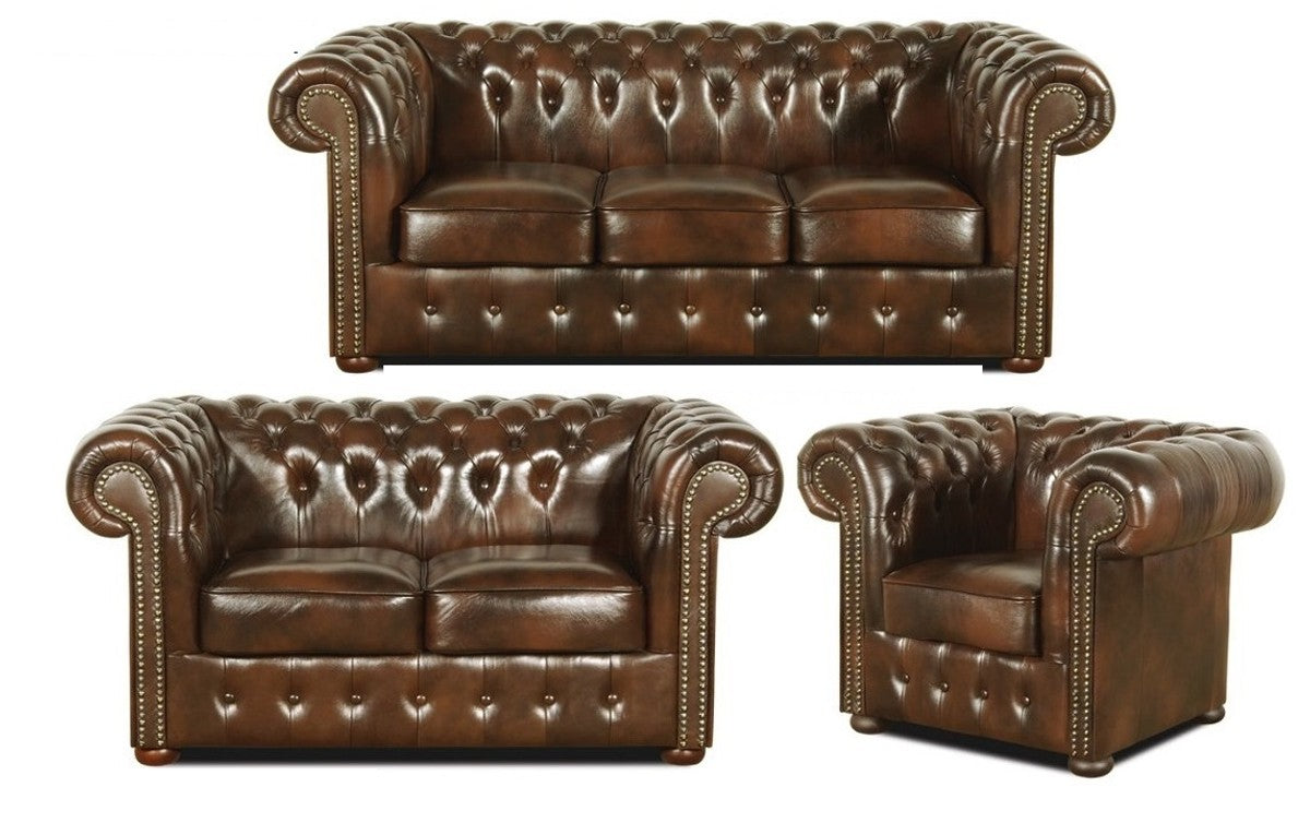 Chesterfield Wohnzimmer 3er Set Dunkelbraun - Luxus Echtleder Möbel