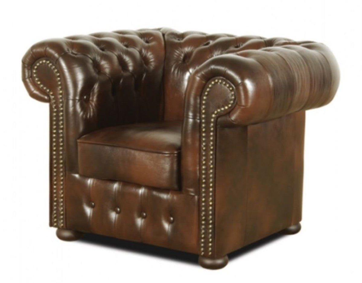 Chesterfield Wohnzimmer 3er Set Dunkelbraun - Luxus Echtleder Möbel