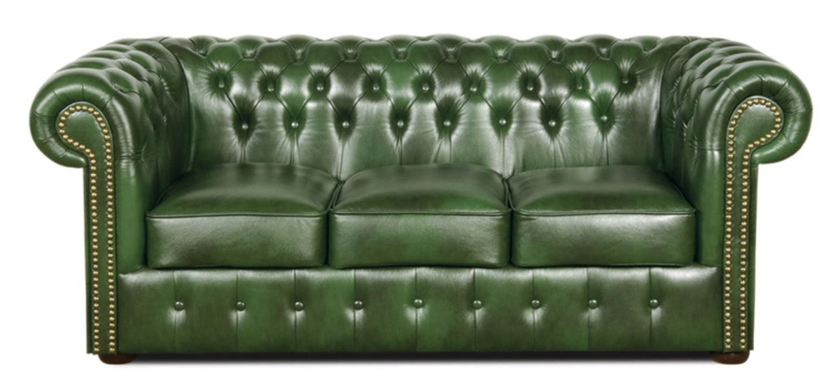Chesterfield Wohnzimmer 3er Set Grün - Luxus Echtleder Möbel